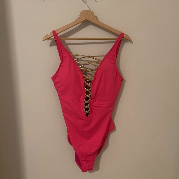 Pink One Piece Swim Suit with Gold Knots NWOT - Picture 1 of 2
